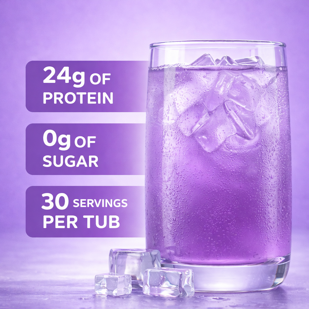 Clear glass with electric Grape Clear Whey protein inside of the glass with ice. 24g of protein, 0g of sugar, and 30 servings per tub